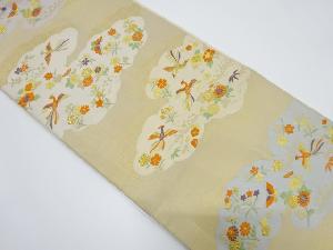 リサイクル　雲取りに尾長鳥・花模様織り出し袋帯